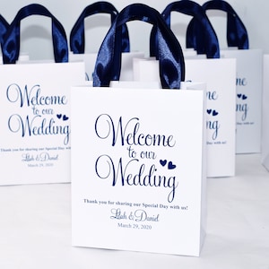 35 Wedding Welcome Bags with satin ribbon handles and your names, Navy Blue Personalized wedding Thank You gifts & favors for guests