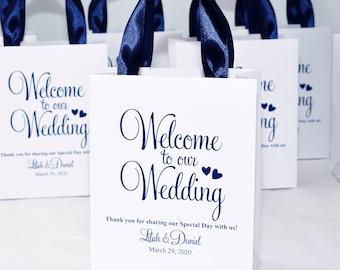 35 Wedding Welcome Bags with satin ribbon handles and your names, Navy Blue Personalized wedding Thank You gifts & favors for guests