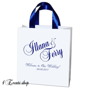 25 bolsas de bienvenida de novia con cinta de raso azul y sus nombres - elegante personalizados regalos de boda y favores para los huéspedes - bodas azul