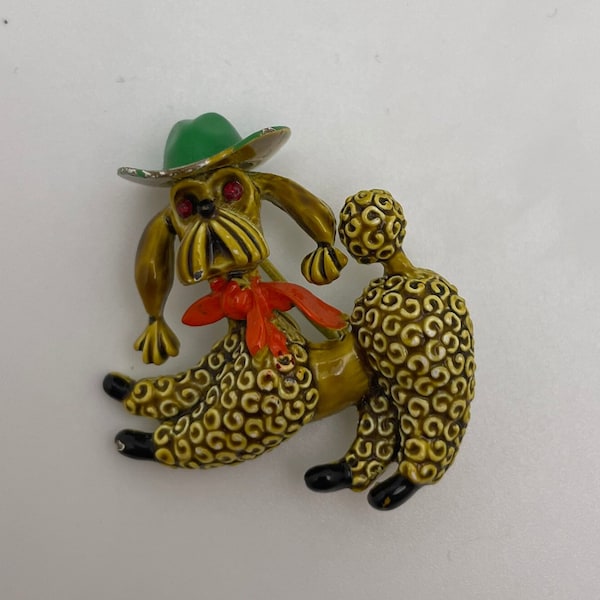 Rare Vintage JJ Cowboy Poodle Brooch / Mid Century Signed JJ Enamel Jewelry with Red Rhinestone Eyes  / Dog in a Cowboy Hat and Tie