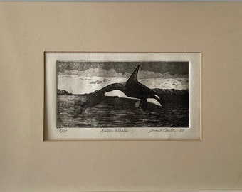 Rare Vintage 80s "Killer Whale" Aqua Tint Etching by James Carter, 2/25