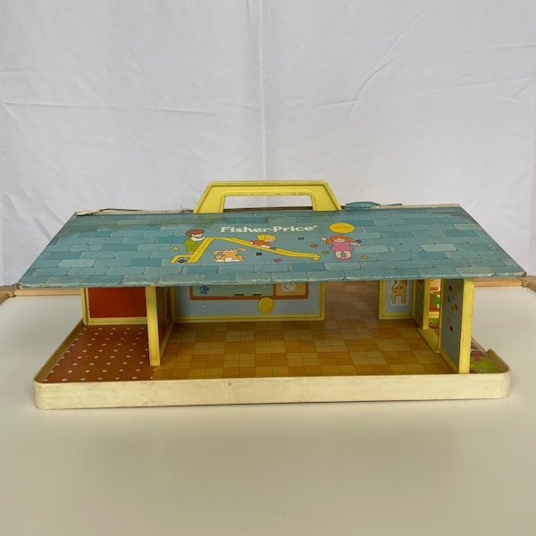 Vintage 70s Fisher-Price School House with Carrying Handle / Pre-School Pretend Play Set