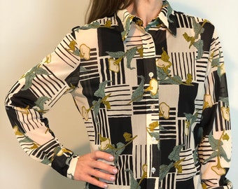 Vintage Elles Belles Blouse / Unique Floral and Geometric Patterned Top / One of a Kind, Button Down, Collared, Sheer Shirt