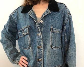 Vintage 80s Denim Bill Blass Coat Size Medium / Oversized Button Down Boxy Jean Jacket / Four Pockets and Velvet Collar 100% Cotton