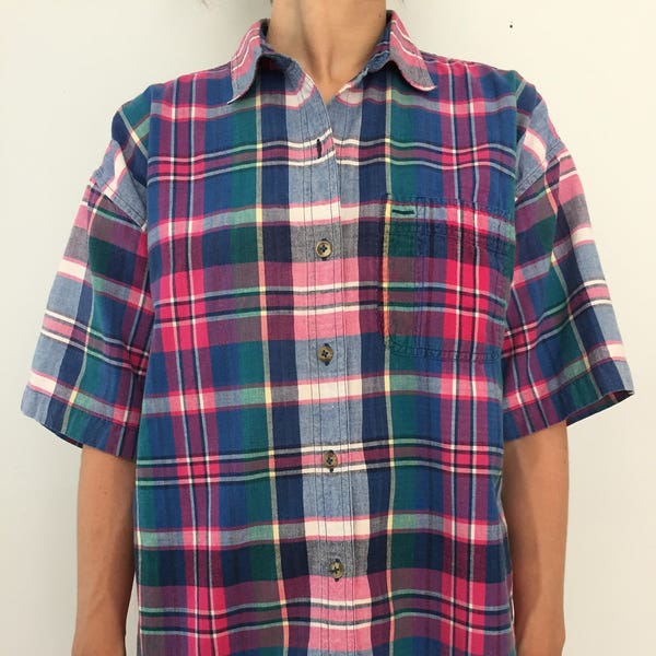 Vintage 80's Plaid Short Sleeve Shirt / Clementine Button Down Size Medium / 100% Cotton Blouse / Spring or Summer Pink and Blue Hipster