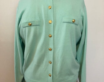 Vintage Kerri N Kelsey Turquoise Sweater Set Size Large / Short Sleeve Sweater and Matching Cardigan with Gold Buttons / Preppy Sweater