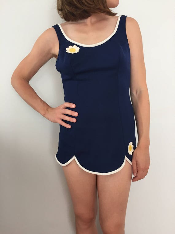 Vintage 50s Daisy Patch Bathing Suit / Blue Swimsuit With White Trim / MCM  Swimwear / Attached Skirt One Piece / Party or Halloween Costume 