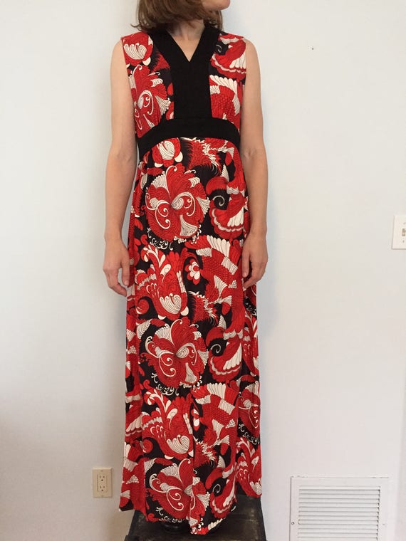 Vintage 60s Red, Black and White Maxi Dress / One… - image 1