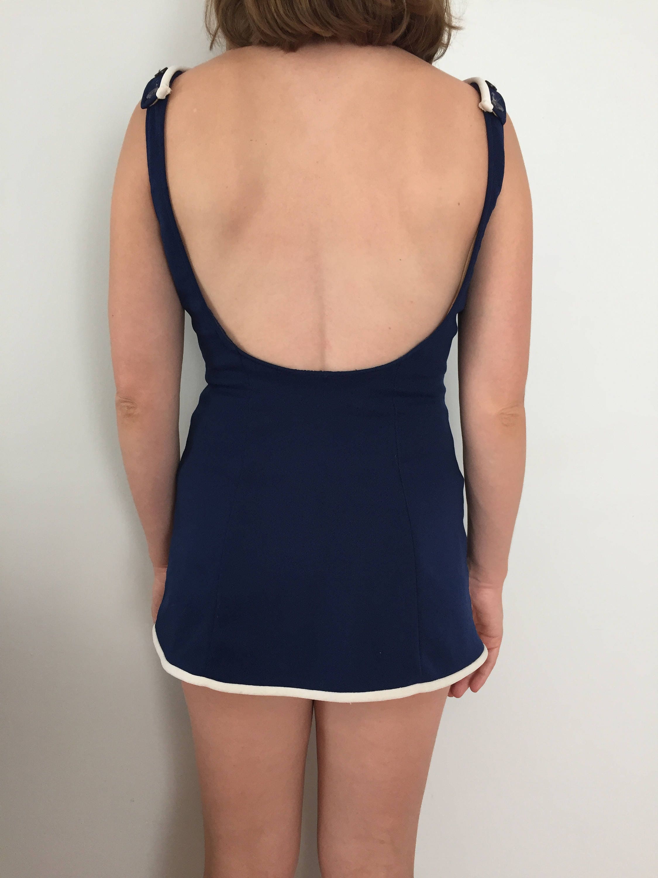 Vintage 50s Daisy Patch Bathing Suit / Blue Swimsuit With White