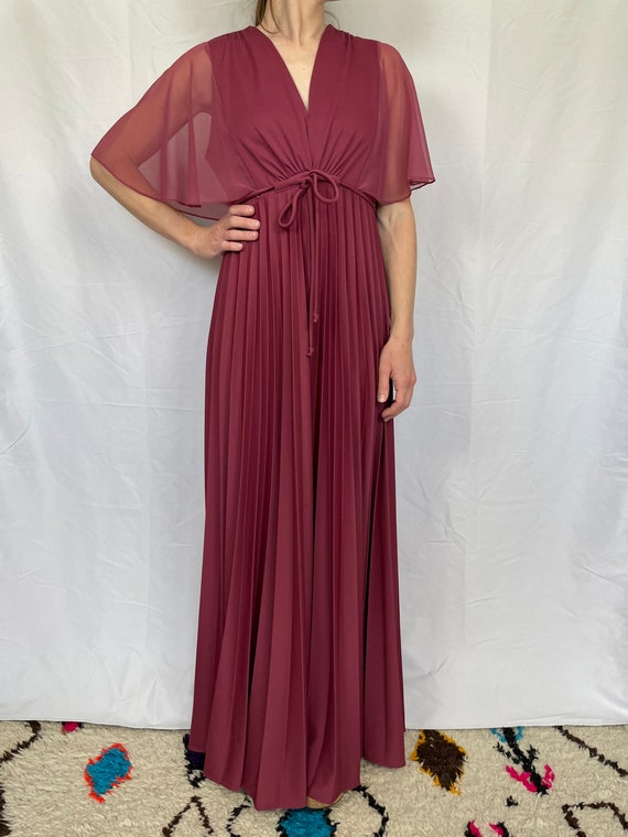 Vintage Mulberry Pleated Long Dress with Butterfly