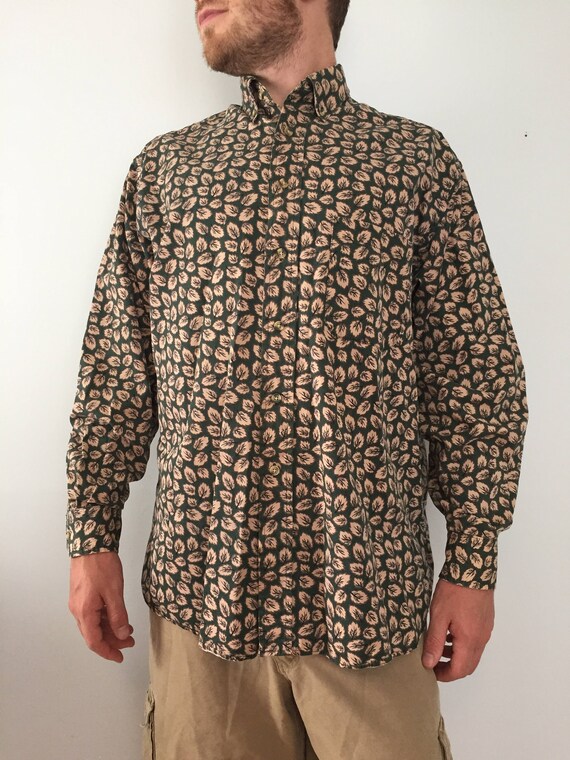 Vintage Men S Button Down Dress Shirt Club Room Size Large Hunter Forest Green Oxford With Beige Leaf Design Long Sleeve Dress Shirt