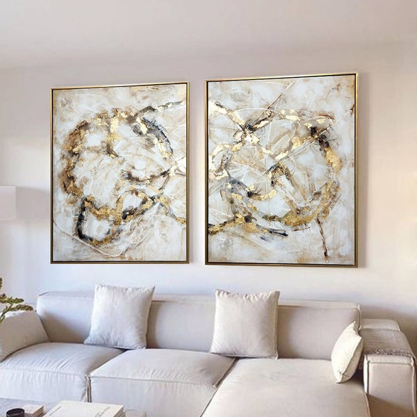 INFINITY LOVE, diptyque contemporain, grandes peintures or gris ivoire, zen, art mural original, cadeau d'art de luxe, prêt à accrocher, cadeau d'art