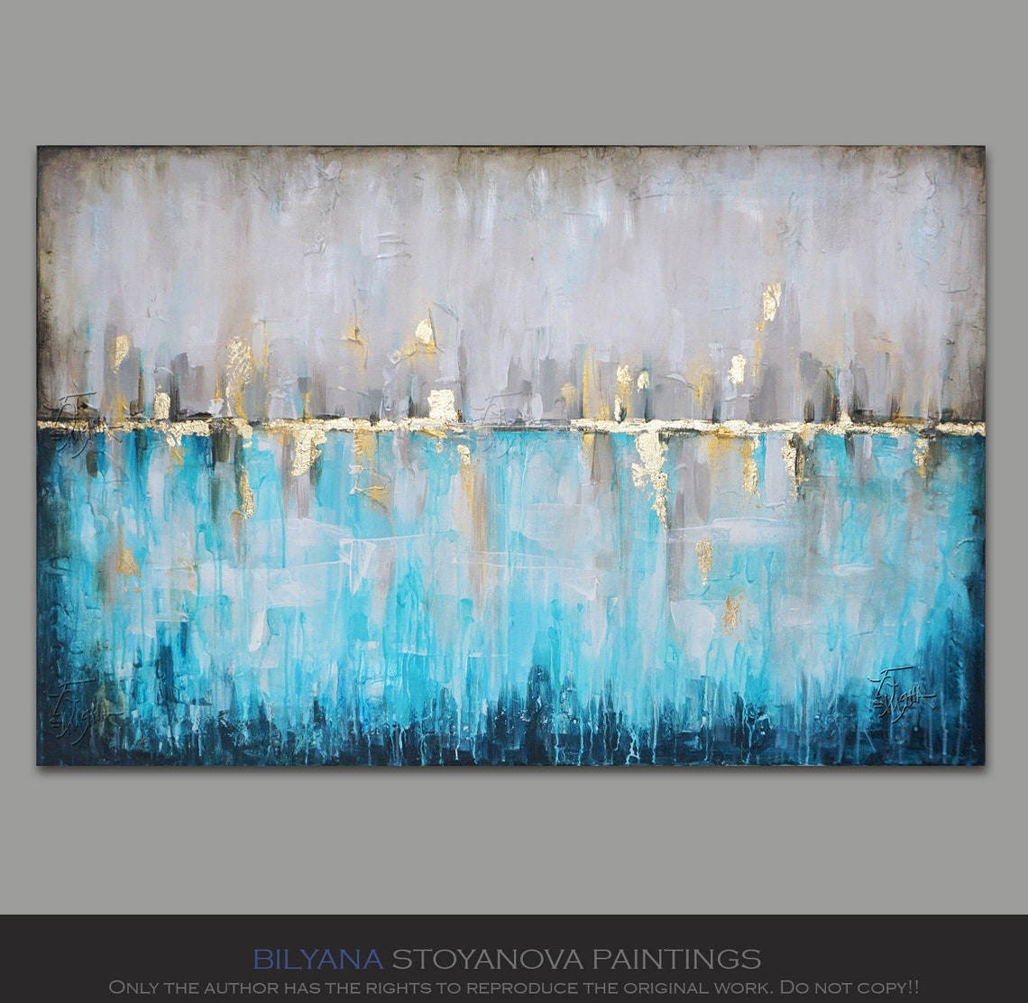 Reflections I Large Teal and Gold Painting Original Abstract Etsy