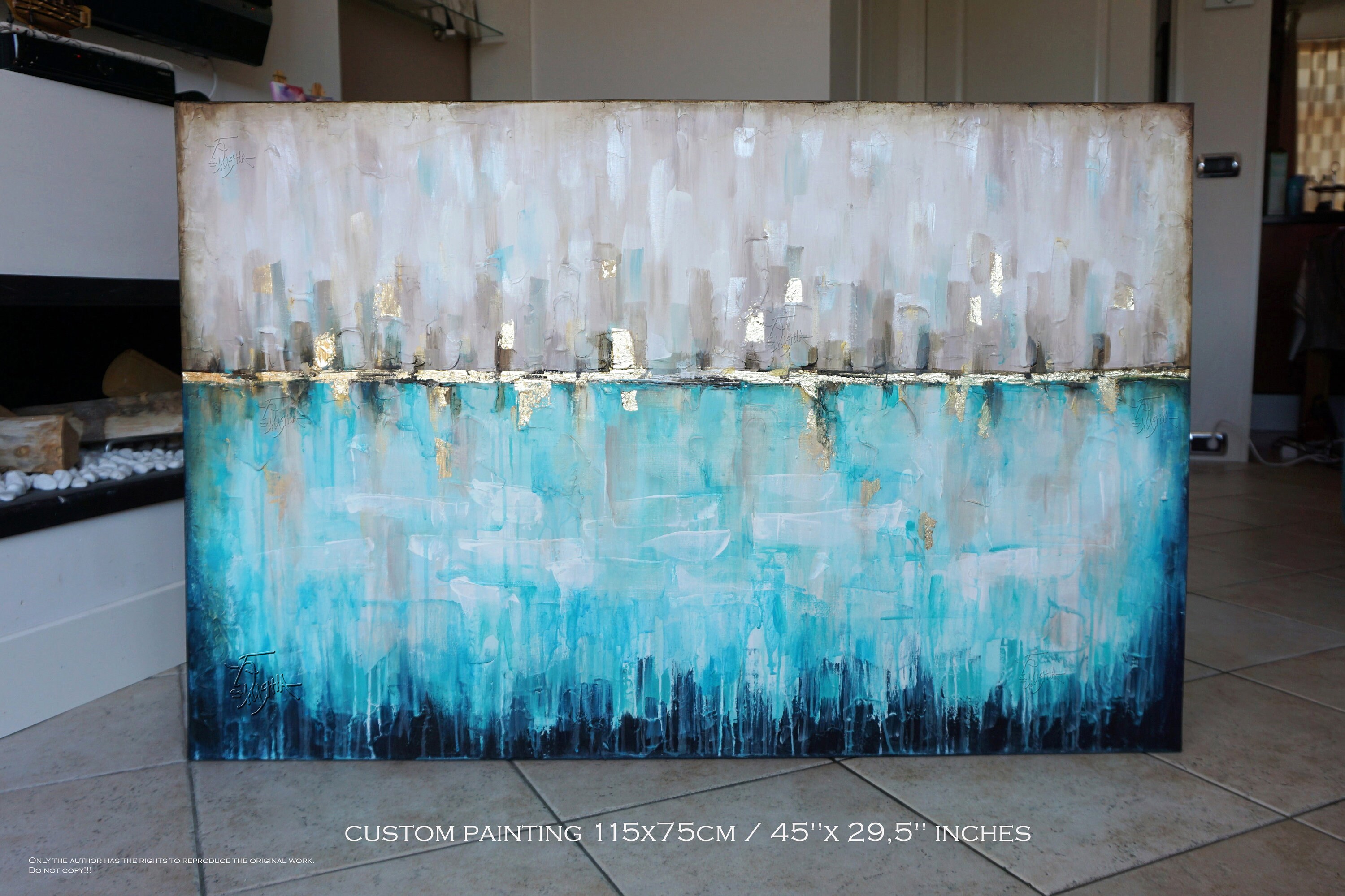 Reflections I Large Teal and Gold Painting Original Abstract Etsy