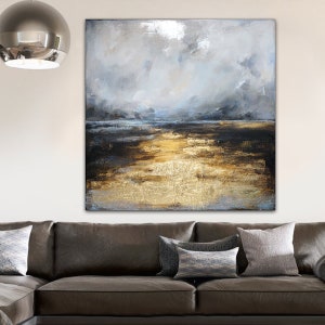 Path To the Sea, Original Abstract painting, Large Contemporary Grey Navy Blue Beige Gold Leaf Seascape by artist Bilyana Stoyanova image 8
