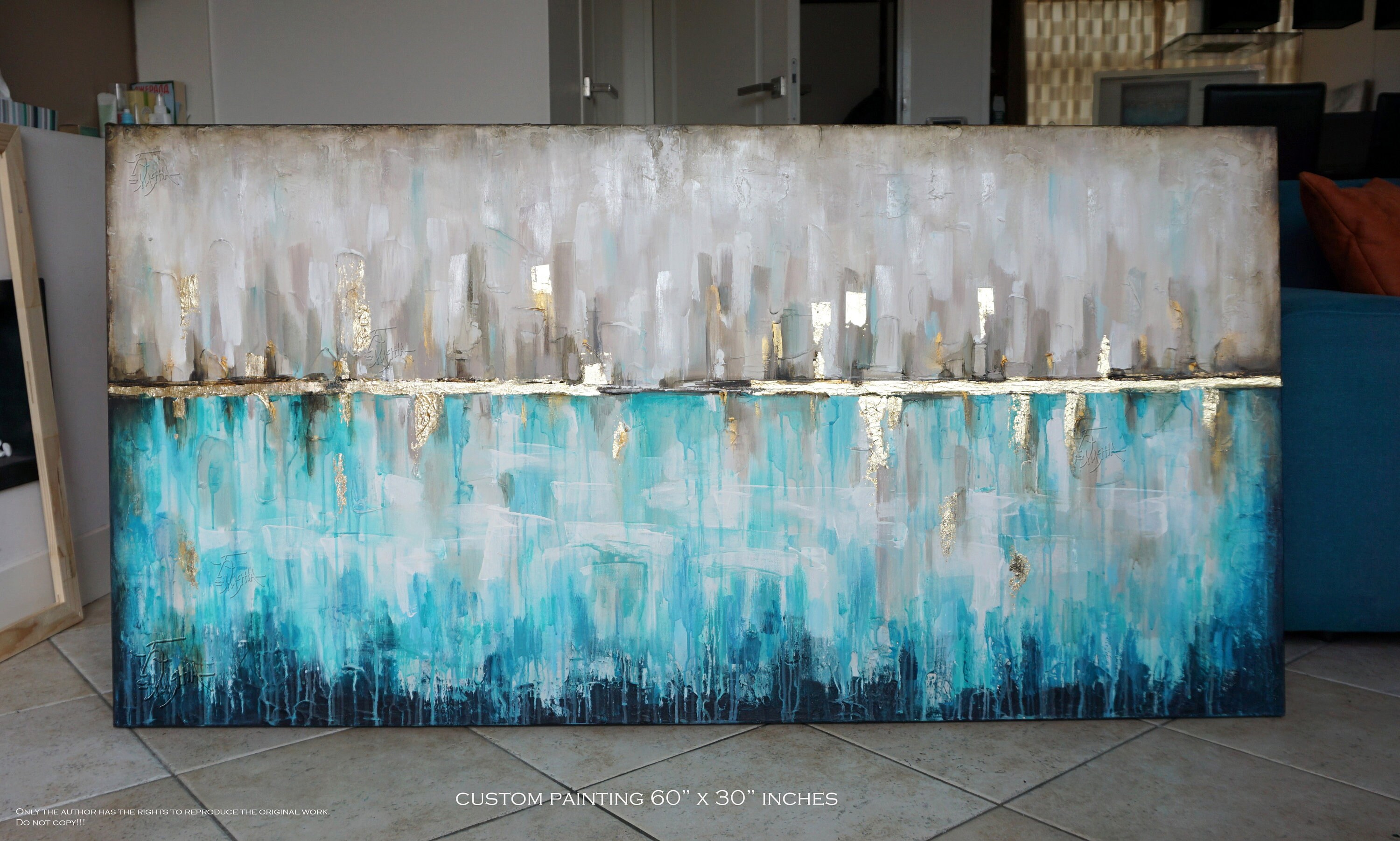 Reflections I Large Teal and Gold Painting Original Abstract Etsy