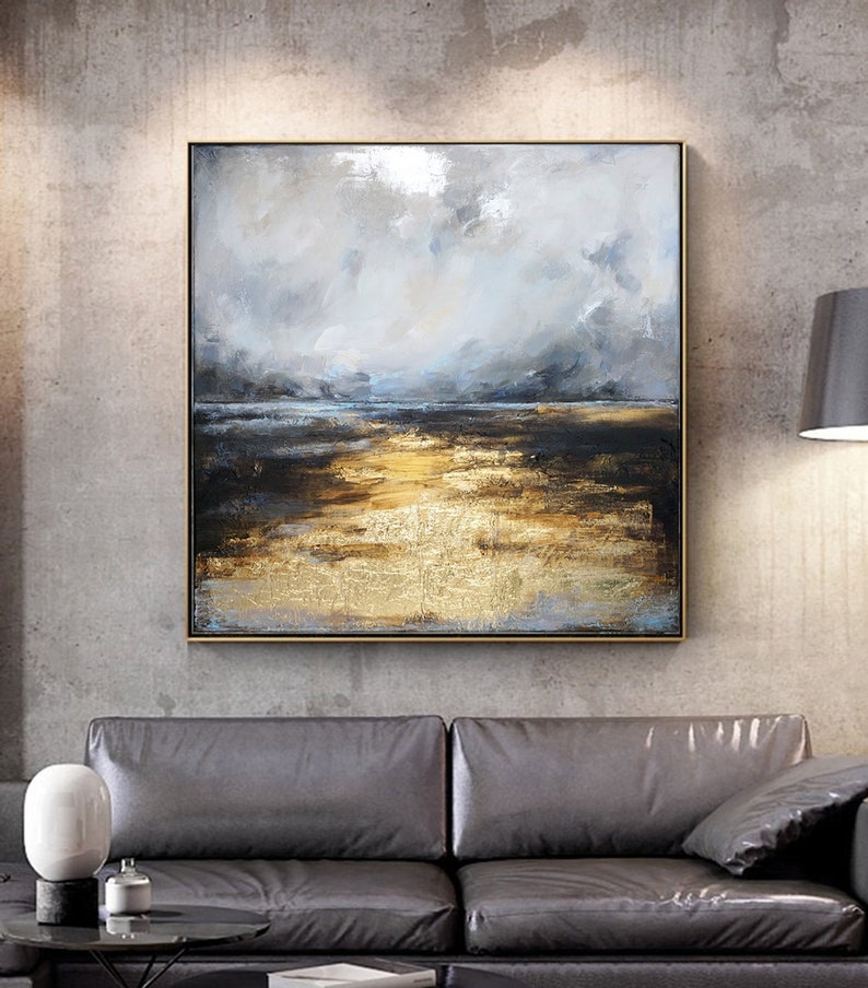 Path To the Sea, Original Abstract painting, Large Contemporary Grey Navy Blue Beige Gold Leaf Seascape by artist Bilyana Stoyanova image 1