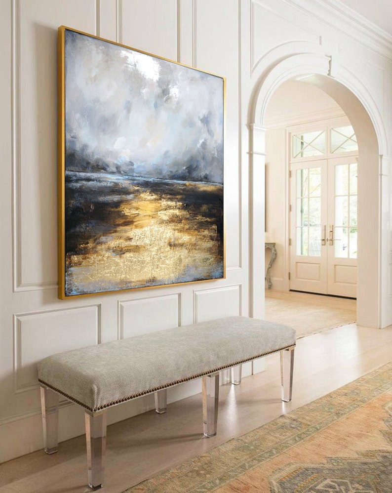 Path To the Sea, Original Abstract painting, Large Contemporary Grey Navy Blue Beige Gold Leaf Seascape by artist Bilyana Stoyanova image 2