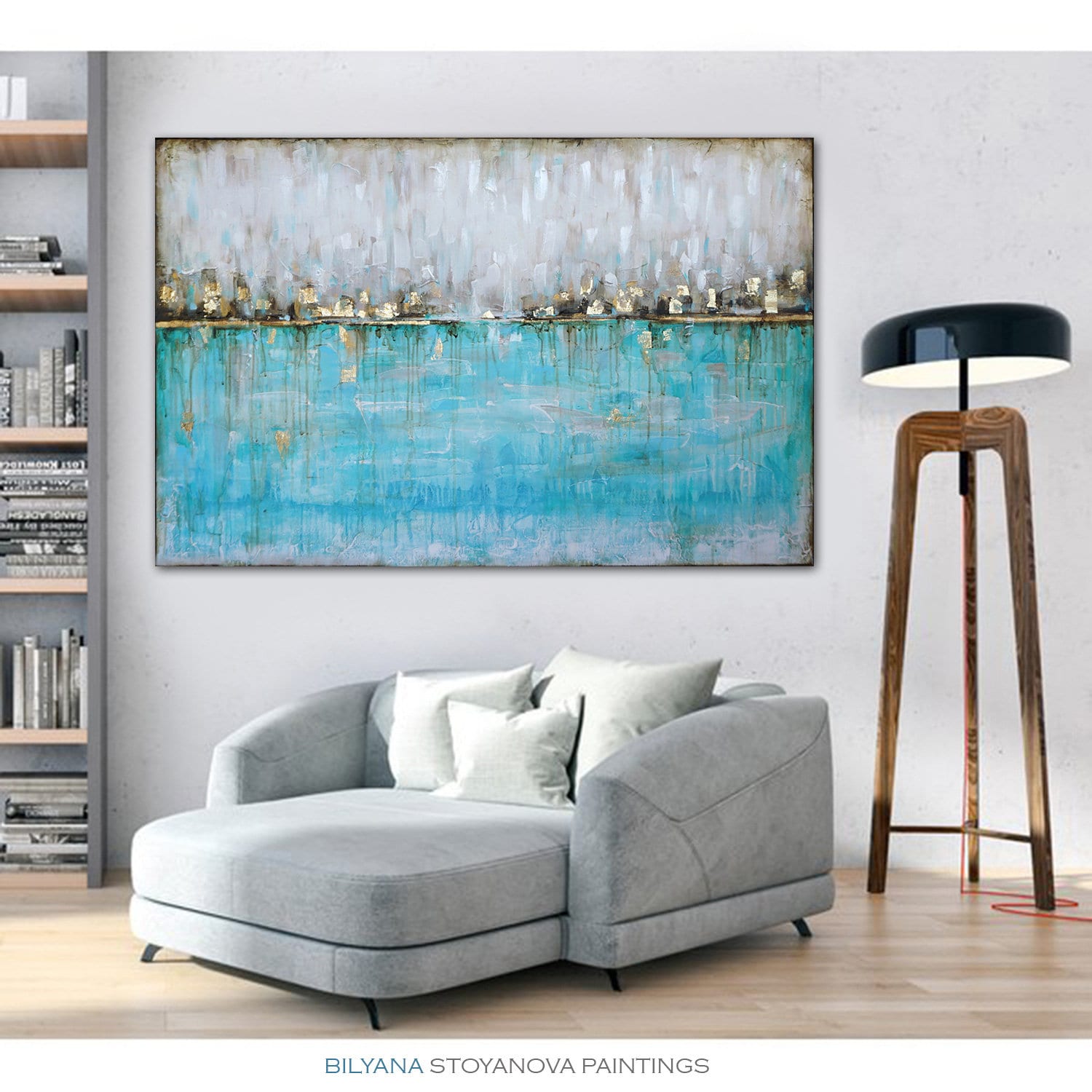 Reflections II Large Teal and Gold Painting Original Etsy