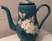 Enamelled,Sheet metal ,Charming enamelled coffee pot, French,1900, EMAIL,Vintage, ANTIQUE, blue, Flowers, enameld Shabby chic