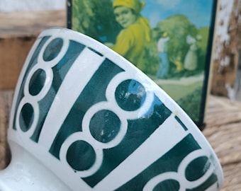 Rara antica tazza da caffè latte francese di Badonviller, una tazza da collezione in ceramica francese con stencil geometrico verde foresta di Badonviller