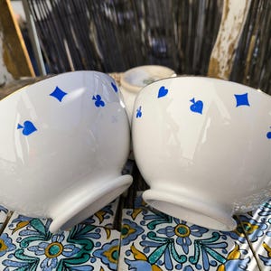Bols de café au lait italiens vintages,décoration bleue avec de cartes à jouer, Società Ceramica Richard, bol en céramique italienne