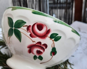 Ancien café au lait bol roses rouges, Bol français Arlette antique, beau bol fleuri rouge et vert antique, Bol campagne France antique 1940