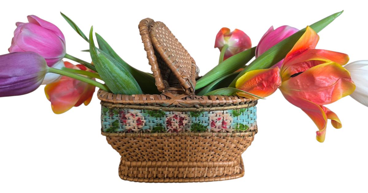 Antique Petit Panier Décoré De Roses Français Peint À La Main, Panier En Osier Antique , Roses, Panier Collection