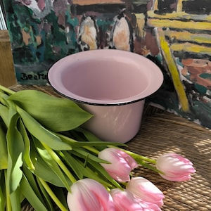 Può includere: Una ciotola in smalto rosa chiaro con bordo nero è posizionata vicino a un bouquet di tulipani rosa e bianchi. La ciotola è posta su uno sfondo di un colorato dipinto astratto. I tulipani sono in piena fioritura, con steli e foglie verdi.