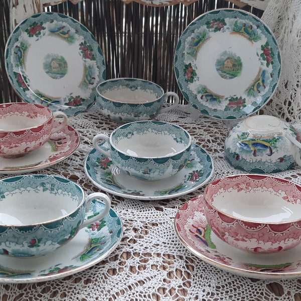 Antique Sarreguemines rare Français tasses et soucoupes rose, tasse transfert de faisans verte , Français tasse terre de fer & soucoupe 1900