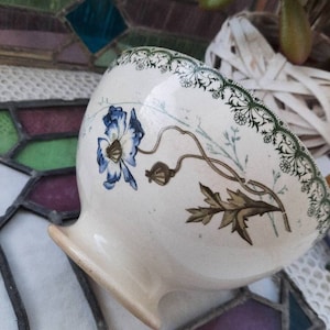French antique  bowl St Amand, white and green coffee and milk bowl, flowered bowl with purple pansies, French country bowl Choisy le Roi