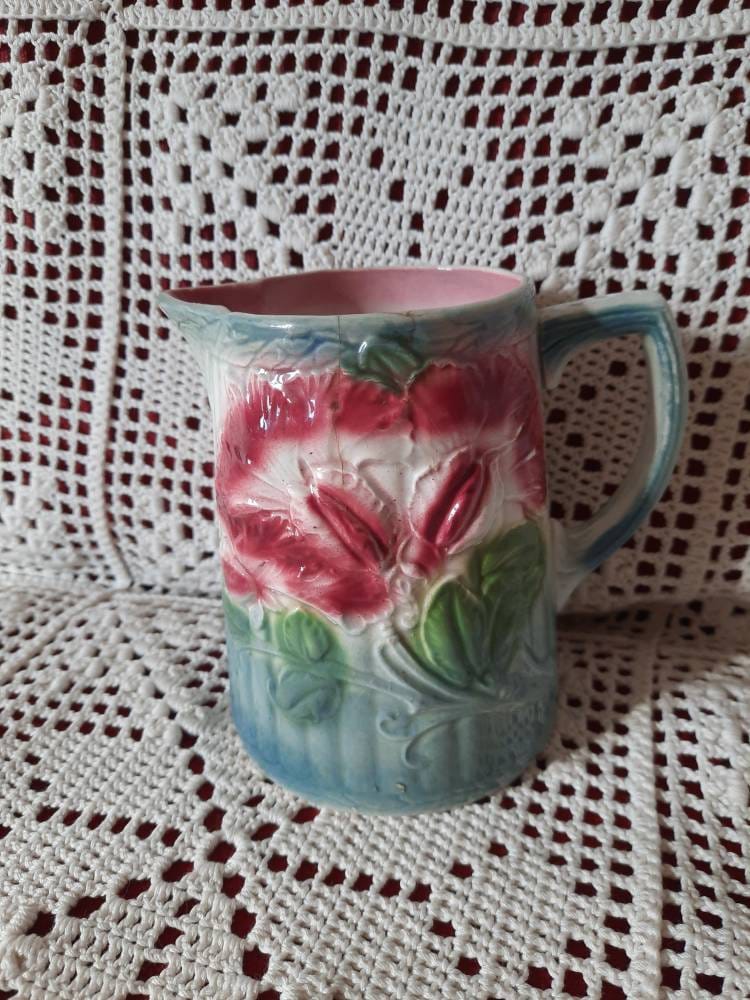 Français St Amand, Pois de Senteur, Pichet à Eau Faïence, Barbotine Ancienne Cruche, Vintage