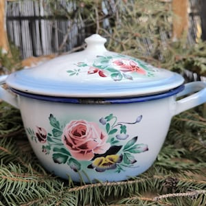 Könnte beinhalten: Weißer Emaille-Topf mit Deckel, verziert mit einem Blumendesign aus rosa und roten Rosen mit grünen Blättern. Der Topf hat blaue Akzente an Rand und Griffen. Ein Vintage-Küchenartikel.