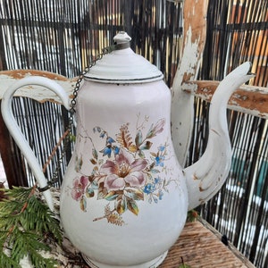 Antique enamel coffee pot, pale pink shades and blueberry decoration, biggin unsigned, antique enamel teapot 1900