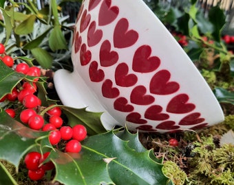 Sarreguemines Français Antique rare Café au Lait bol Coeurs rouges & base blanche, bol ancien Français de collection rouge cœur 1940 vintage