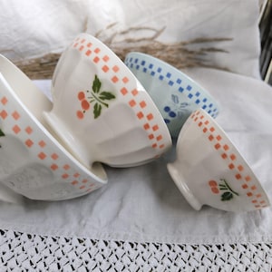 Antique French Milk Coffee Bowls, Orange Cherries Coffee Bowls, Blue French Latte Bowl, Vintage Ceramic French ORCHIES Bol de café au lait