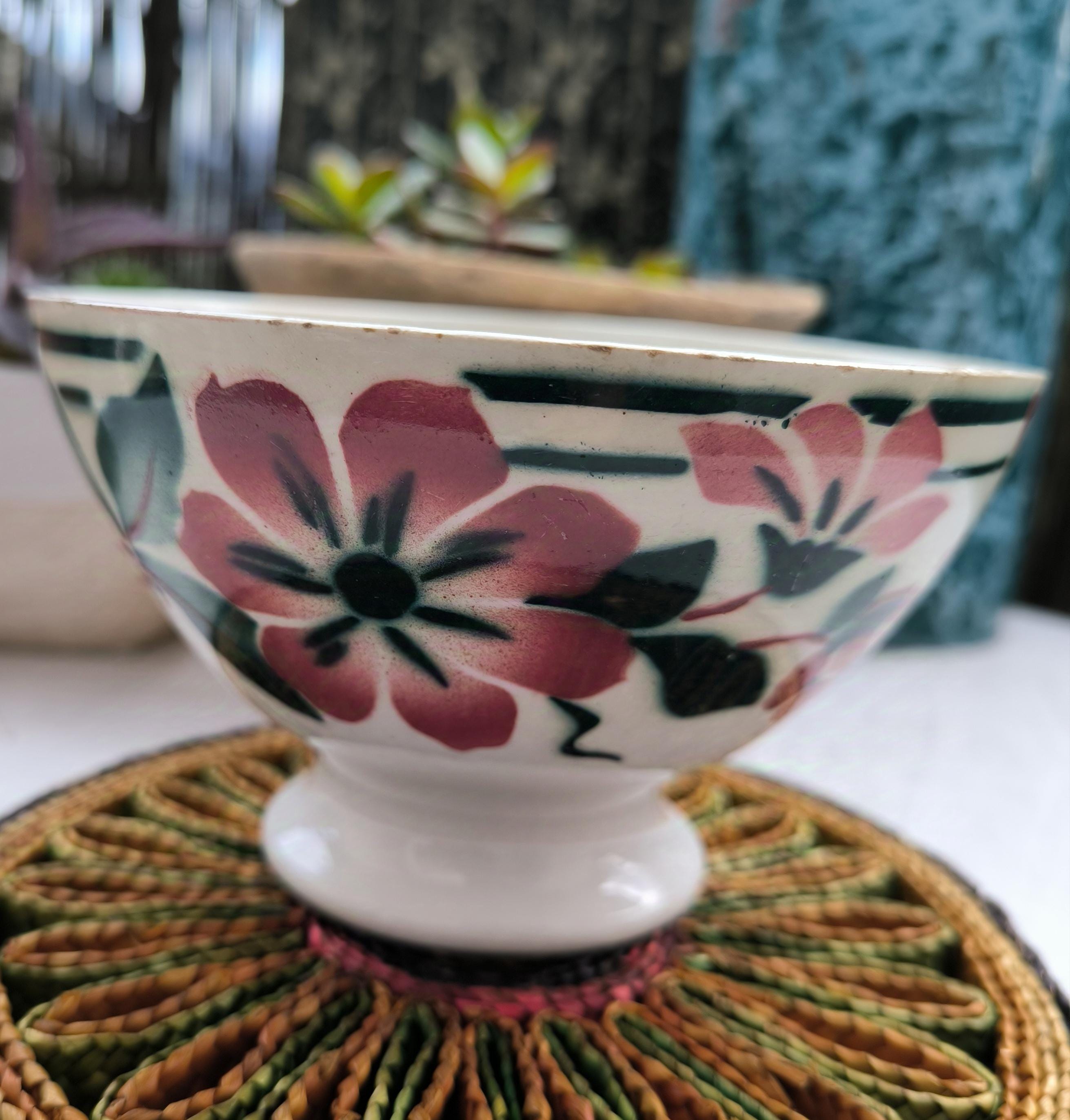 セントアマンド フランスアンティーク 希少カフェオレボウル 赤い花と