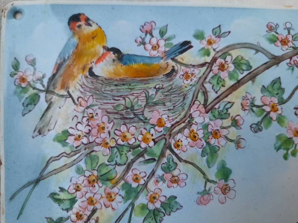 Plaque Ancienne Tôle Émaillée, Français Villa, Fleurs, Cerisier, Roses , Vintage Campagne, Oiseaux, 