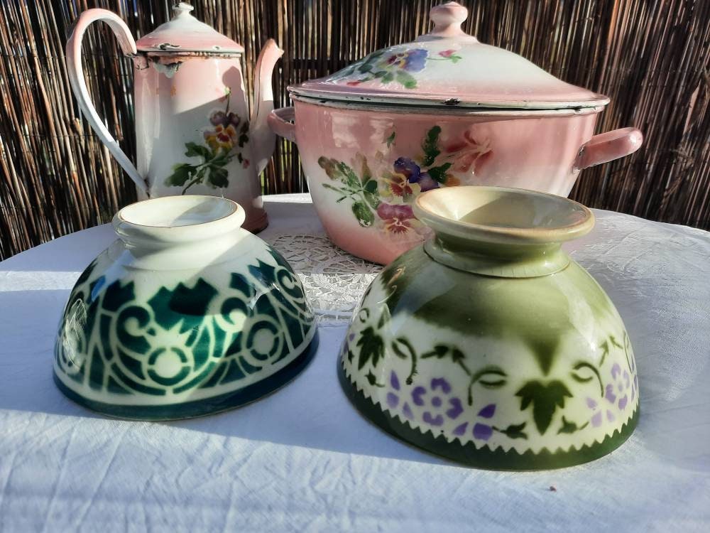 Bol Français Digoin/Bol Pied Douche Vert et Violet Gien Bol Ancien à Collectionner Pochoir Oriental