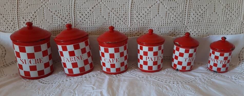 Pots Emaillés à Epices Anciens, Français, Antique, Rouge, Lustucru Enamelware Vintage 1920's Lyon