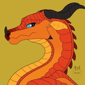 May include: A red and orange dragon with black horns and blue eyes. The dragon is looking to the side and has a serious expression.