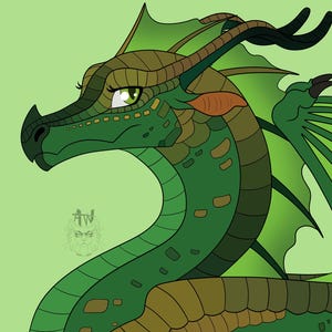 May include: A green dragon with brown markings and a large, leafy wing. The dragon has a large, green head with a long snout and large, yellow eyes.