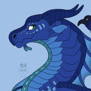 May include: A blue and teal dragon with green eyes, looking to the right. The dragon has a long snout and a long neck. The dragon's scales are a variety of shades of blue and teal.
