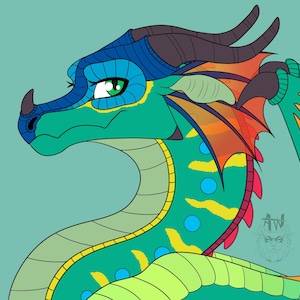 May include: A digital illustration of a green, blue and yellow dragon with orange and red wings. The dragon has a light blue eye and a dark grey snout.