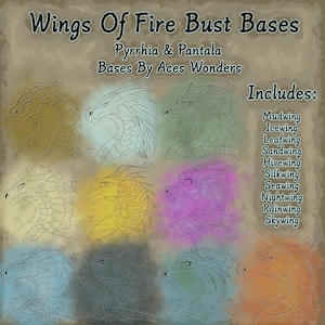 May include: A digital illustration of nine dragon bust bases for Wings of Fire fan art. The bases are in various poses and feature different dragon breeds, including Mudwing, Icewing, Leafwing, Sandwing, Hivewing, Silkwing, Seawing, Nightwing, Rainwing, and Skywing.