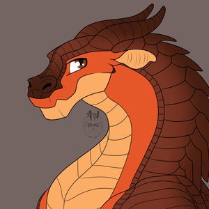 May include: A digital illustration of a red and brown dragon with a long neck and a spiky back. The dragon has a large, round head with a long snout and large, brown eyes.