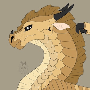 May include: A cartoon illustration of a light brown dragon with a light brown and tan striped body, a light brown head with a black horn, and a light pink ear. The dragon has a light brown mane and a light brown tail.