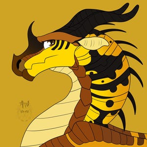May include: A yellow and black dragon with brown accents. The dragon has a long snout and large, black eyes. The dragon's scales are patterned with black and yellow stripes and spots.