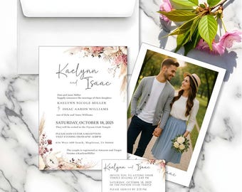 LDS Rustic Wedding Invitation Set, Temple Wedding Invite, Personalized Photo Back, Handmade Invitations