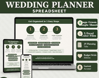 Può includere: Un foglio di calcolo digitale per la pianificazione di matrimoni visualizzato su laptop, tablet e telefono. Il design è verde salvia con testo bianco e include funzionalità come la compatibilità con Fogli Google, 5 schemi di colori e 29 schede di pianificazione.